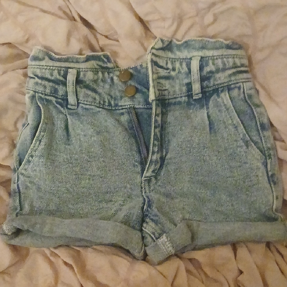 Acid Wash Paperbag Denim Shorts